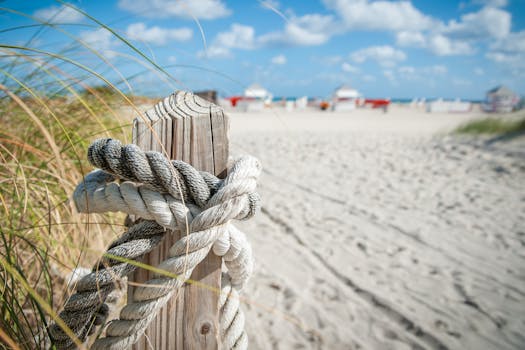 A detail shot of a rope tied around a wood post on a sandy beach.